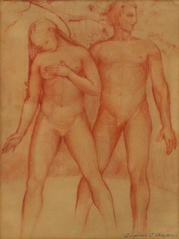 Appraisal: Framed sanguine red chalk drawing on paper Male and Female