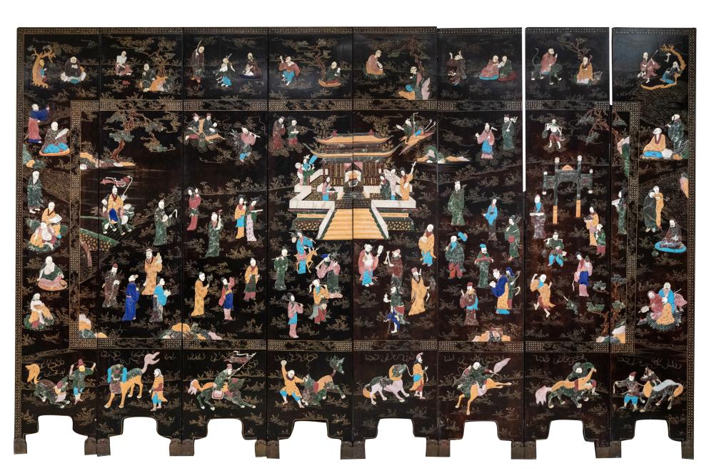 Appraisal: CHINESE COROMANDEL STONE INLAID EIGHT-PANEL SCREENdepicting figures in landscapes surrounding