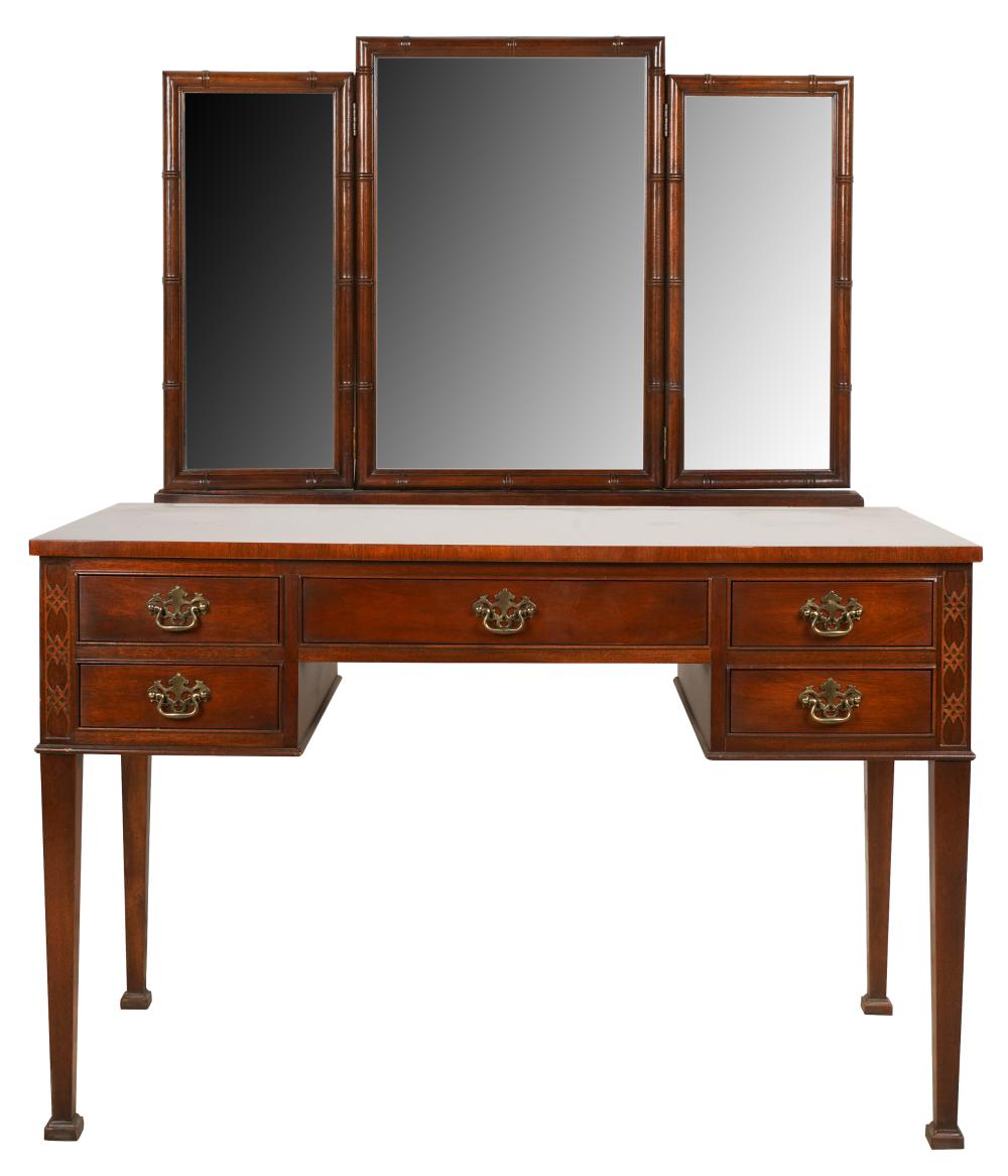 Appraisal: BAKER MAHOGANY VANITY TABLEwith manufacturer's tag the three-panel mirror in