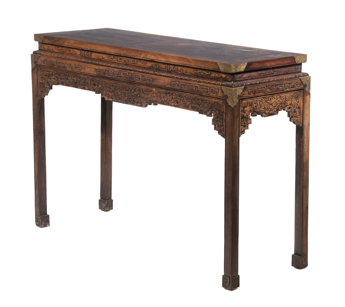 Appraisal: CARVED ROSEWOOD ALTAR TABLE Chinese Brass Mounted Console Table with