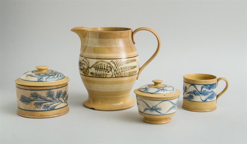 Appraisal: GROUP OF FOUR MOCHAWARE FAWN-GROUND ARTICLES Comprising a milk pitcher