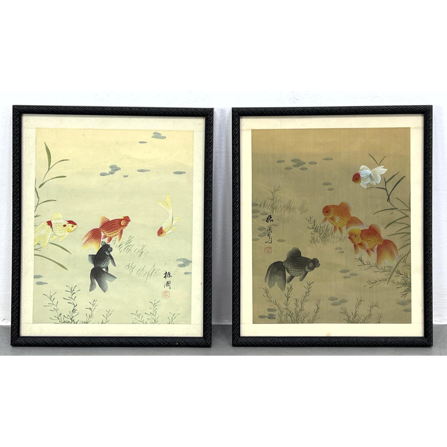 Appraisal: Pr Japanese goldfish prints on silk Dimensions H inches W