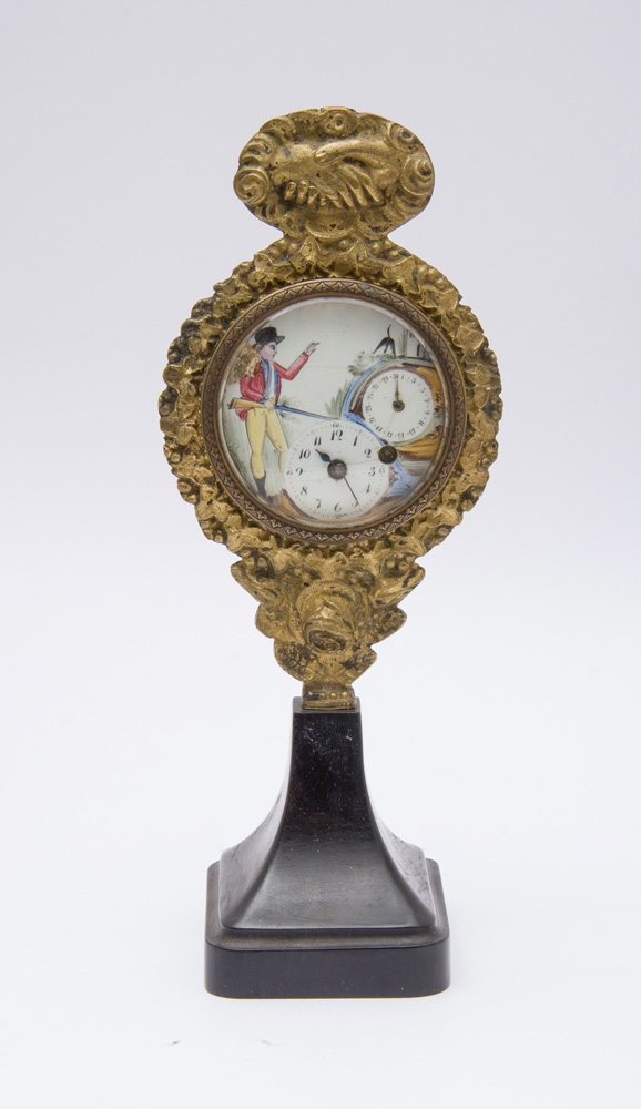 Appraisal: FRENCH GILT-METAL AND BLACK MARBLE CLOCK WITH ENAMEL FACE The