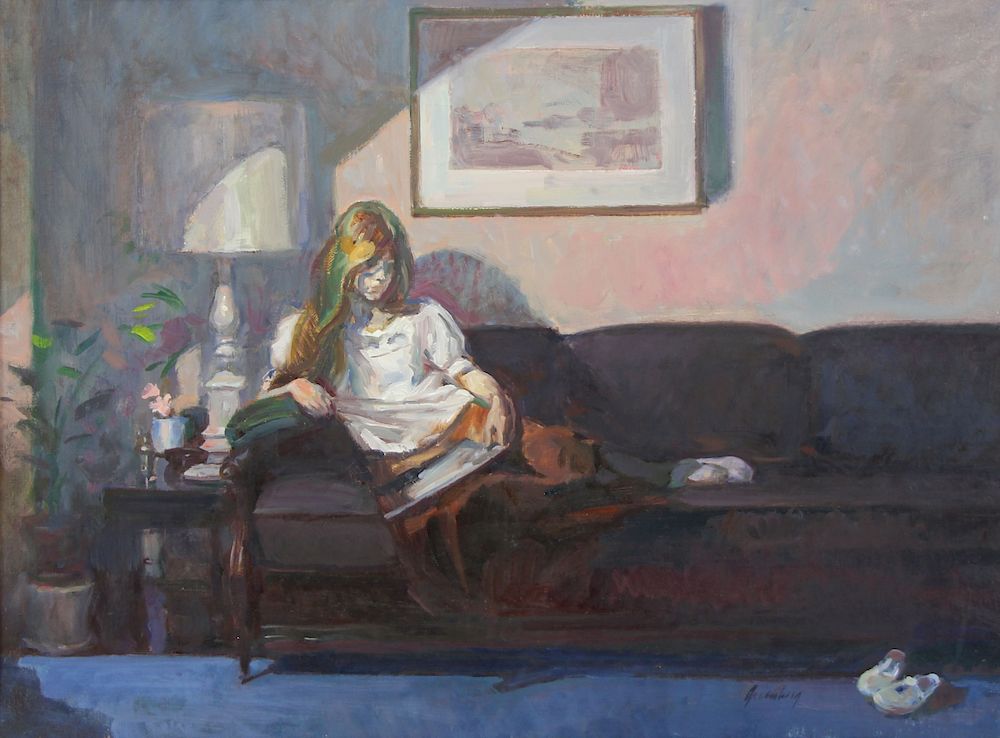 Appraisal: IRWIN GREENBERG AMERICAN - Oil on Canvas Woman Reading Signed