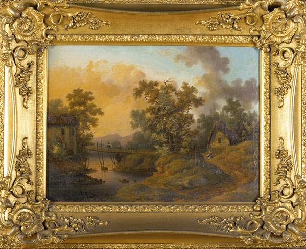 Appraisal: EUROPEAN SCHOOL LANDSCAPES Two oils on canvas period gilt frames