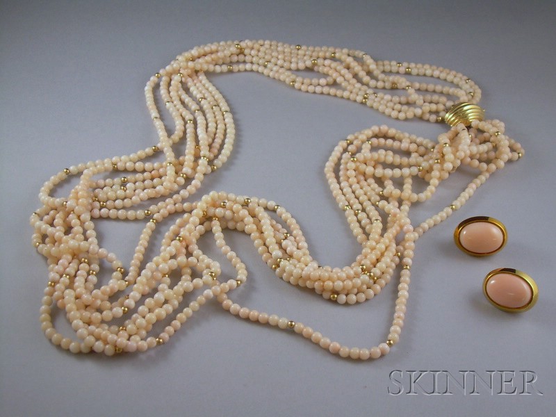 Appraisal: Coral Multi-strand Necklace and Earclips the coral bead necklace with