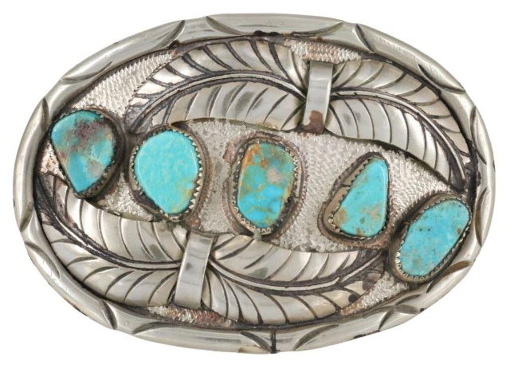 Appraisal: Southwest style silver-tone metal belt buckle five bezel-set turquoise stones