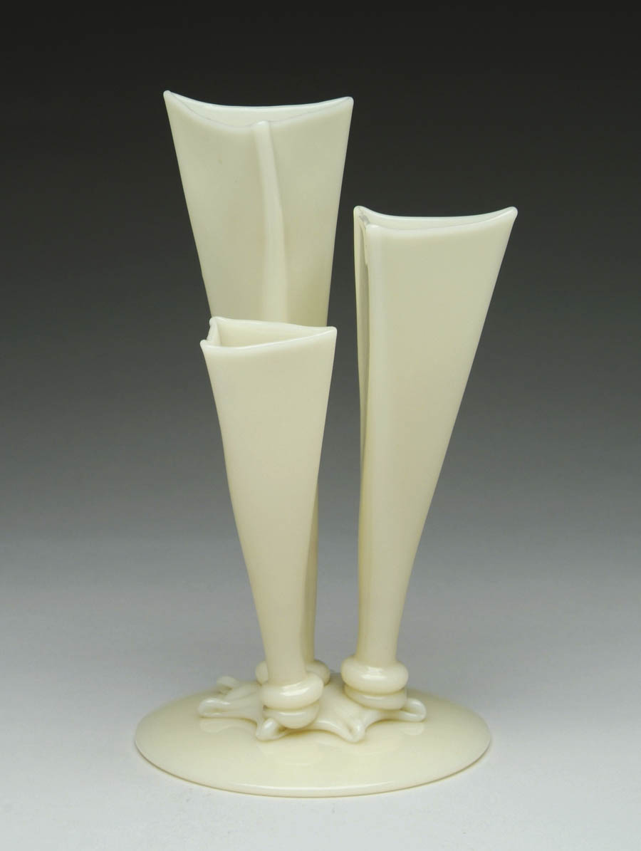 Appraisal: STEUBEN IVORY THREE PRONG VASE Wonderful grotesque design has three