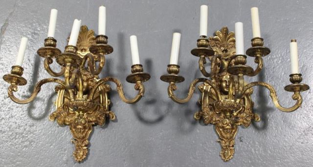 Appraisal: Pair of Antique Vintage Brass Arm Sconces withFaces From a