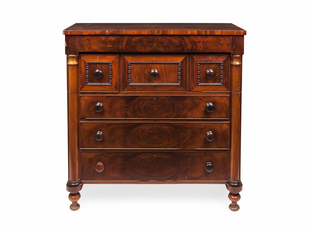 Appraisal: VICTORIAN MAHOGANY COLUMN CHEST OF DRAWERS TH CENTURY the rectangular