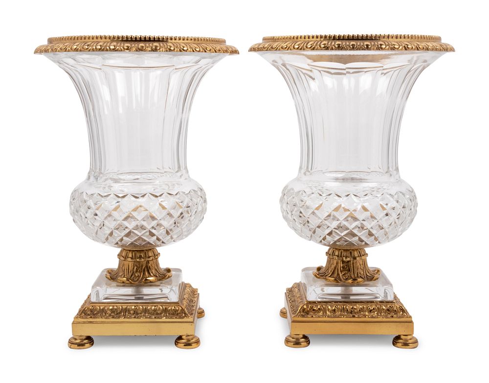 Appraisal: A Pair of Continental Gilt Bronze Mounted Cut Glass Vases