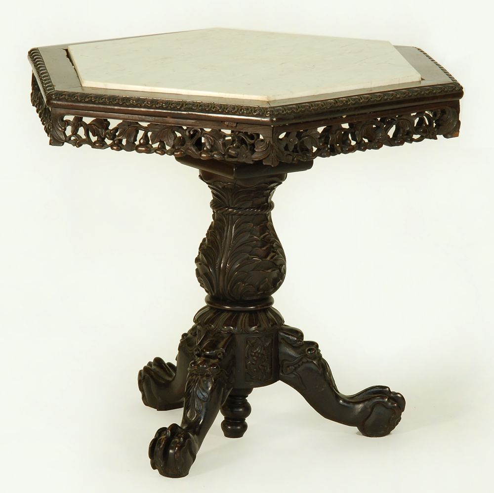 Appraisal: CHINESE EXPORT VICTORIAN-STYLE MARBLE-TOP TABLE Mid- th CenturyIn hexagonal form