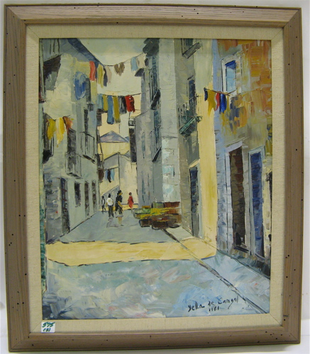 Appraisal: THREE OIL PAINTINGS the first a street scene on canvas