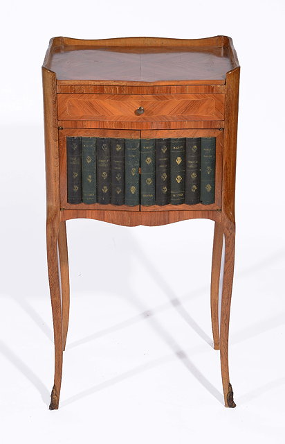 Appraisal: French kingwood bedside tablewith drawer and faux book compartment on