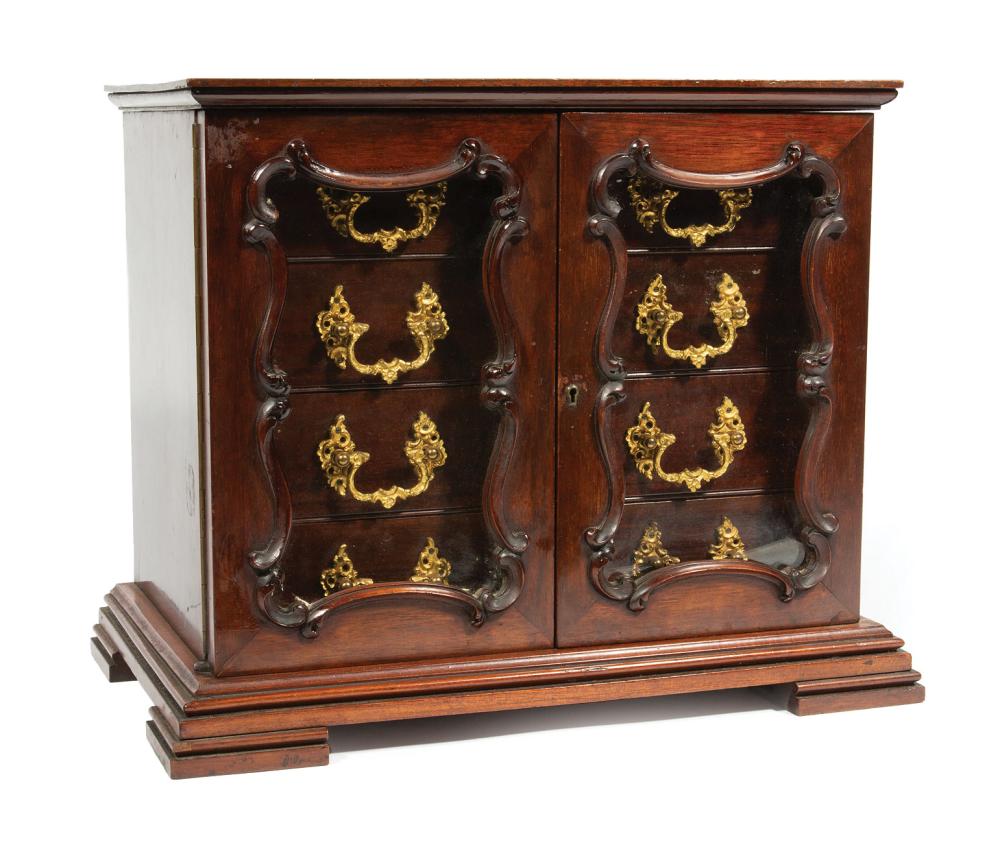 Appraisal: American Mahogany and Gilt Brass Jewelry Coffer glazed doors enclosing