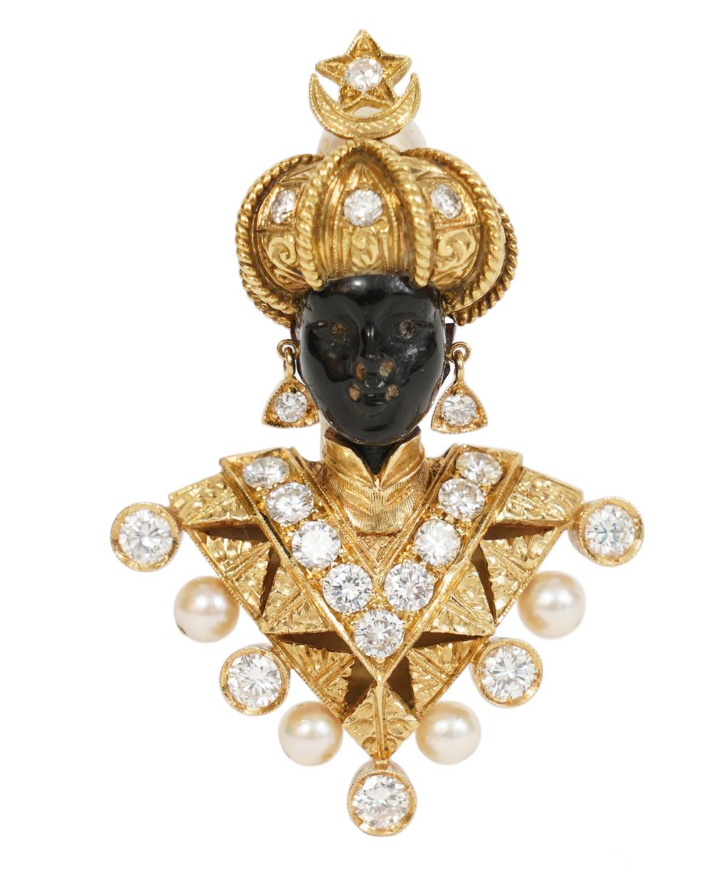 Appraisal: NARDI DIAMOND PEARL BLACK CORAL K BROOCHNardi bejeweled Blackamoor Brooch