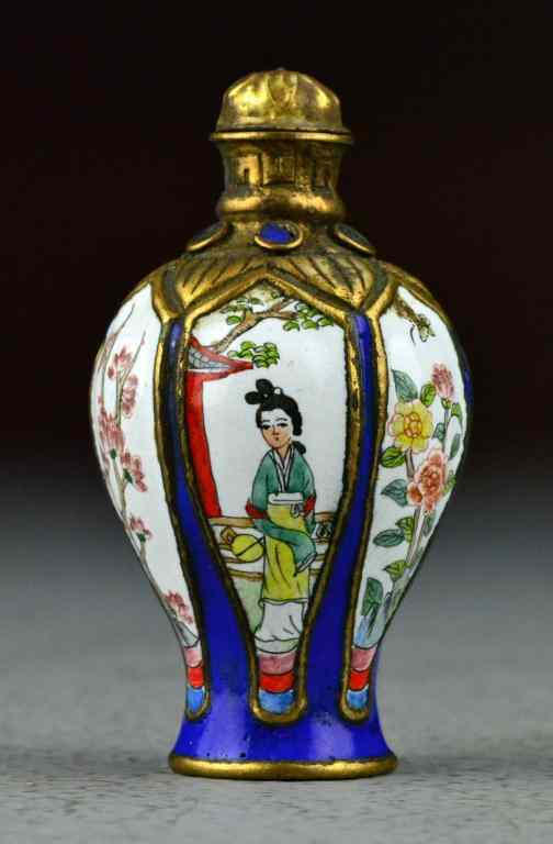 Appraisal: Chinese Qing Bronze Enamel Snuff BottleFinely enameled to depict beauties