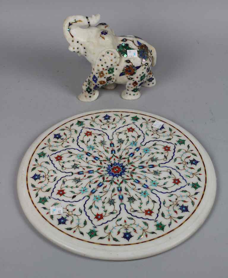 Appraisal: INDIAN HARDSTONE INLAID PLAQUE AND AN ELEPHANT the first with