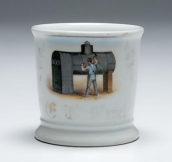 Appraisal: LOCOMOTIVE BUILDER'S OCCUPATIONAL MUG porcelain with hand-painted scene and gilt