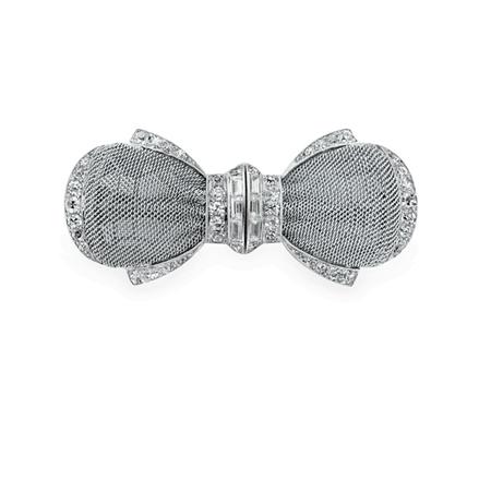 Appraisal: Platinum and Diamond Mesh Double Clip-Brooch Estimate -