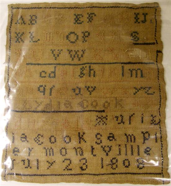 Appraisal: Sampler Lydia Cook Montville July not framed goo condition ''