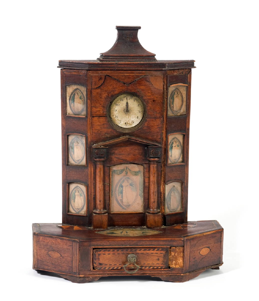 Appraisal: ENGLISH PRISONER OF WAR INLAID MAHOGANY WATCH STAND WITH WATERCOLOR