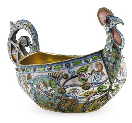 Appraisal: A Russian silver-gilt and shaded cloisonn enamel kovsch th Artel