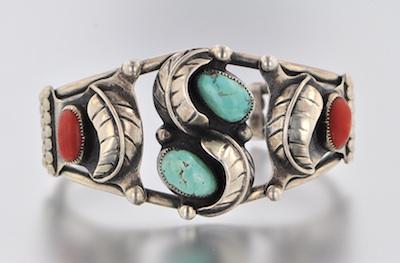 Appraisal: A Native American Sterling Silver Turquoise and Coral Bracelet Artisan-made