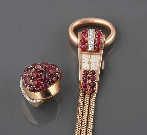 Appraisal: A diamond ruby and two-tone k gold retro wristwatch with