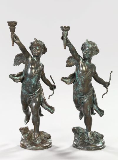 Appraisal: Pair of French Bronze-Patinated Eros Candlesticks in the manner of