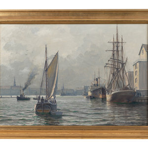 Appraisal: Arne Skottenborg Frederiksen Danish - View from Copenhagen Harbor oil