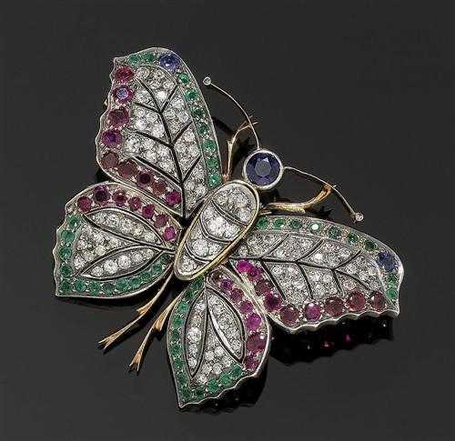 Appraisal: GEMSTONE AND DIAMOND BROOCH ca Silver over ros gold Very