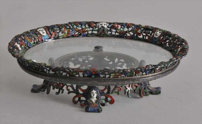 Appraisal: FRENCH ENAMELED SILVER OVAL GLASS-TOP TAZZA IN THE RENAISSANCE STYLE