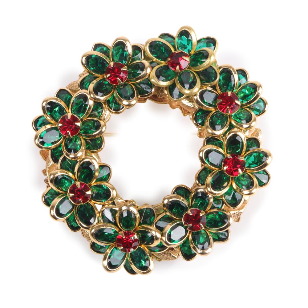 Appraisal: Miriam Haskell layered green floral holiday wreath pin brooch studded