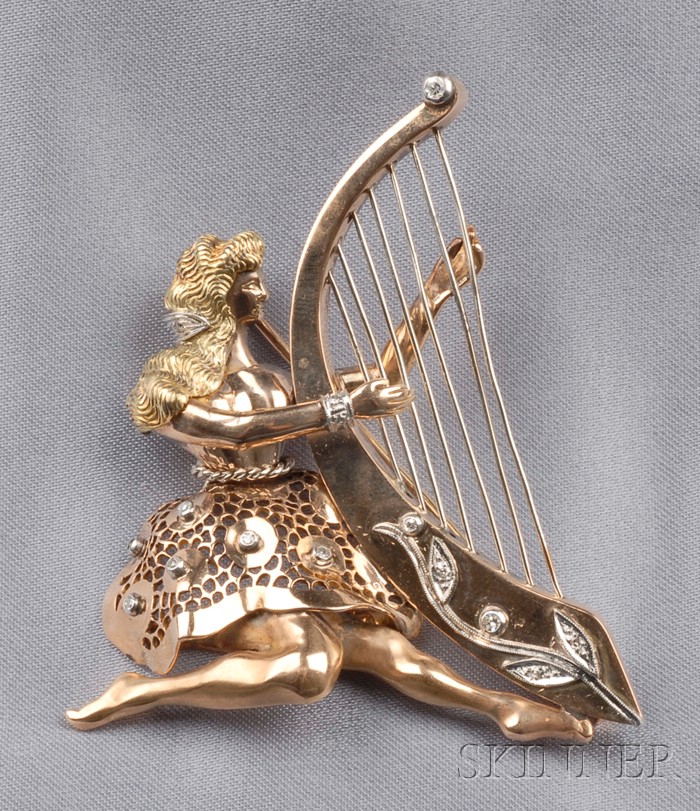 Appraisal: kt Tricolor Gold and Diamond Harpist Brooch the ballerina harpist