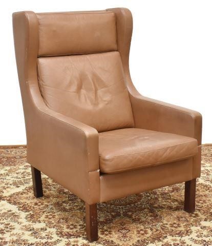 Appraisal: Danish mid-century modern wingback armchair c s brown leather upholstery