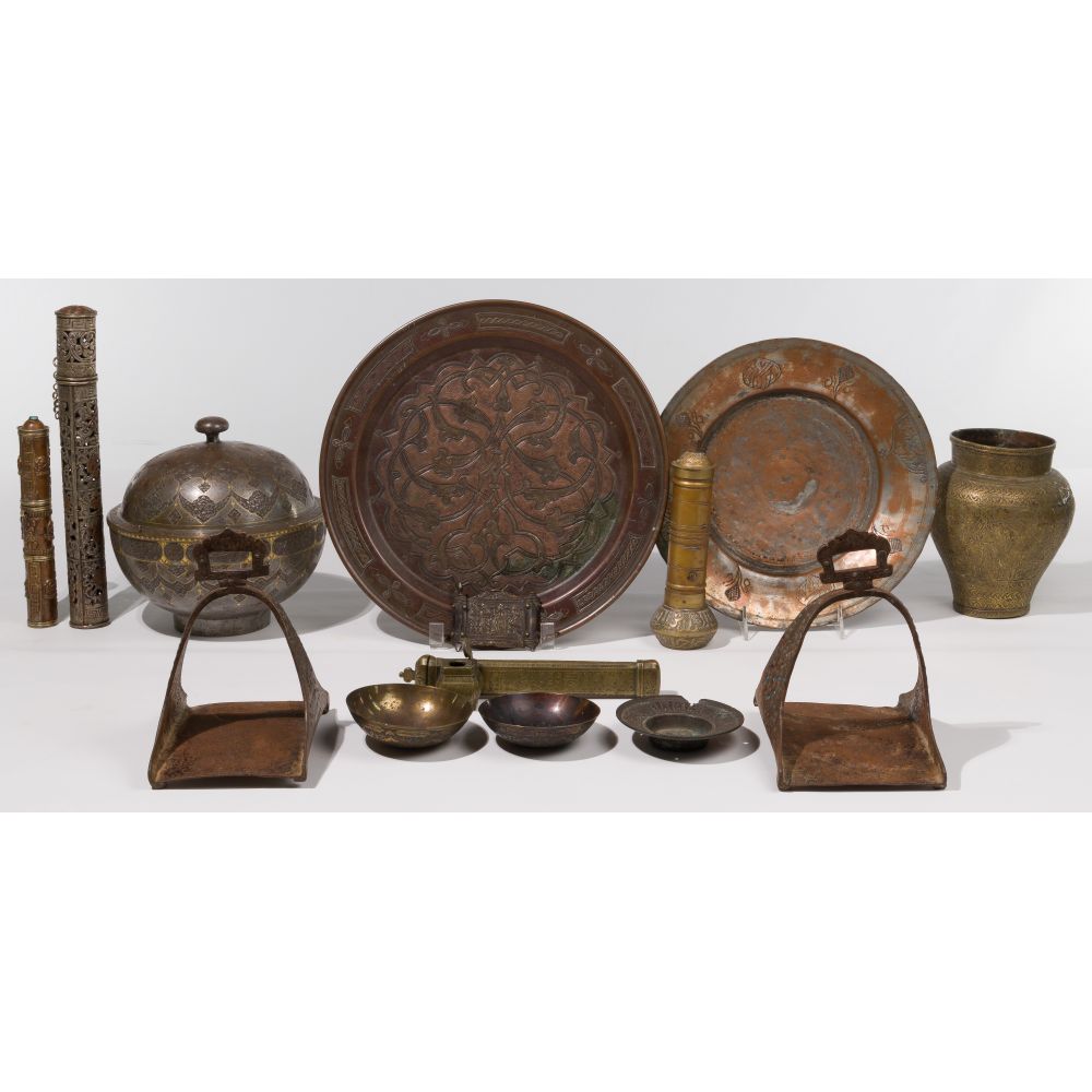 Appraisal: PERSIAN METAL ASSORTMENT items including a pair of stirrups belt