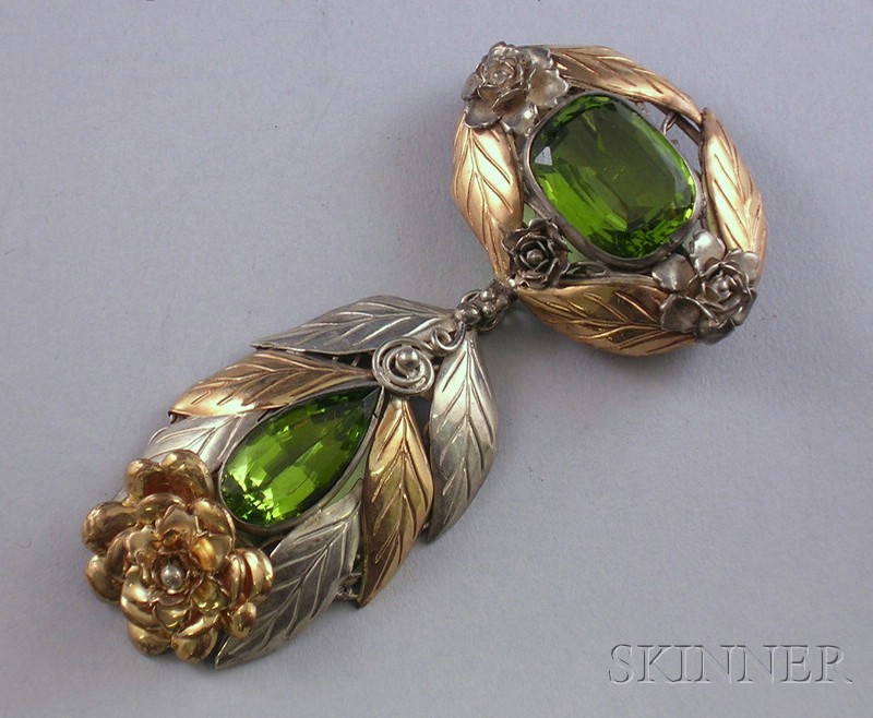 Appraisal: Sterling Silver kt Gold and Green Stone Costume Brooch Hobe