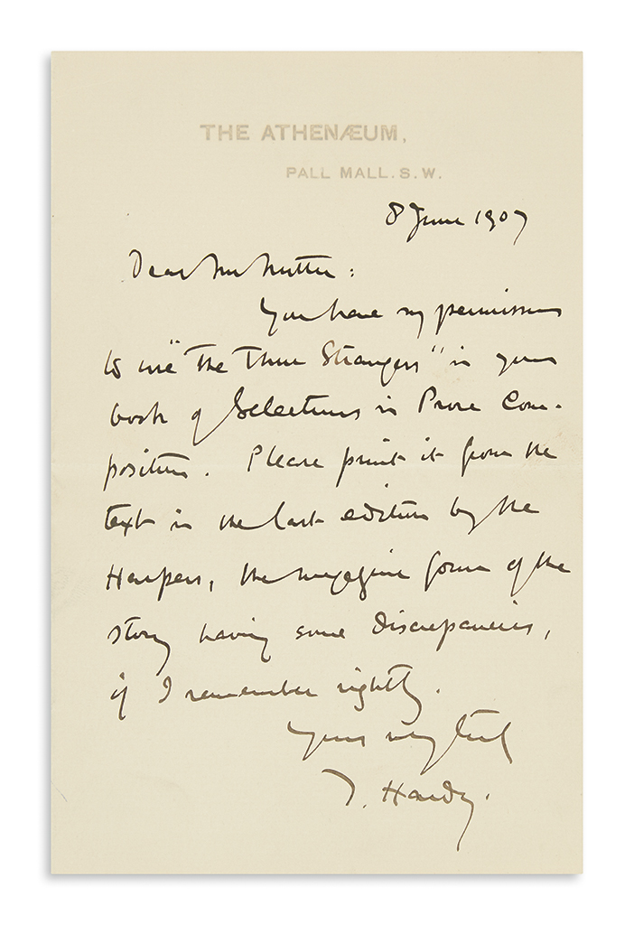 Appraisal: HARDY THOMAS Autograph Letter Signed T Hardy to Charles Read