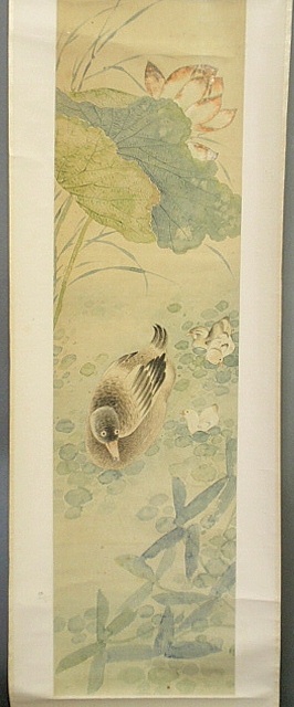 Appraisal: - Chinese watercolor on paper scroll with floral and bird