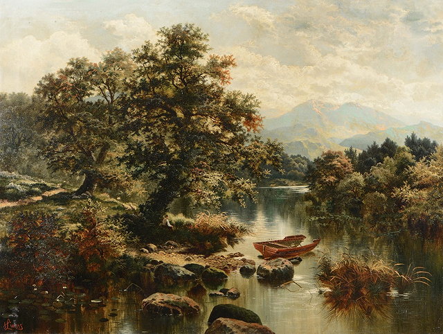 Appraisal: Henry John Livens A mountainous river landscape with boat a