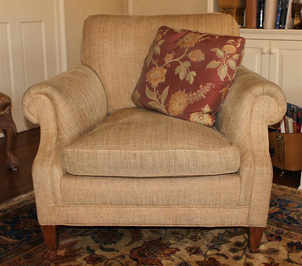 Appraisal: PAIR OF BEIGE UPHOLSTERED CLUB CHAIRS FROM THE DENISE AND