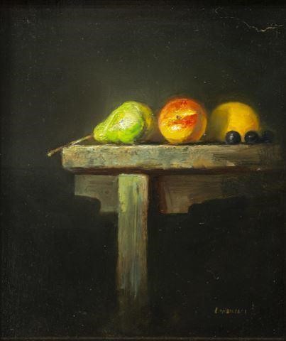 Appraisal: Framed oil on panel painting Trio Still Life with Fruit