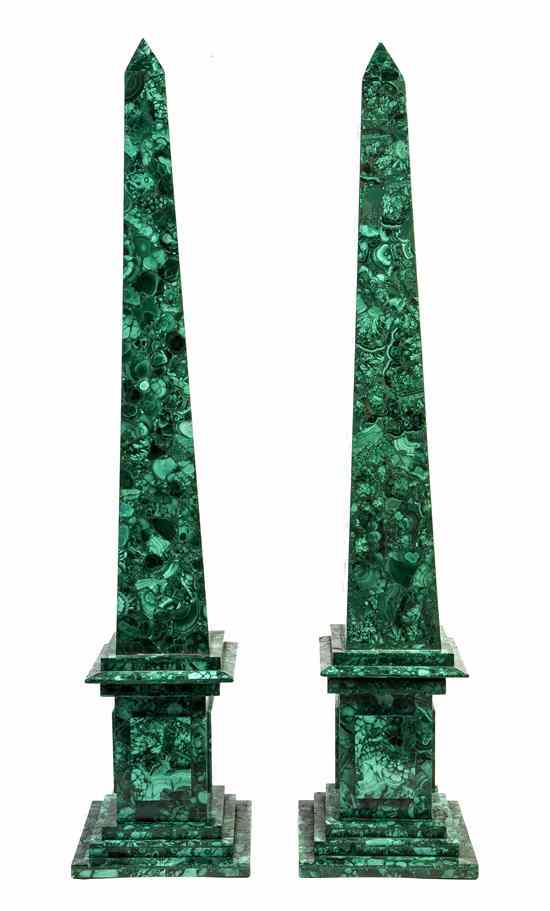 Appraisal: A Pair of Malachite Veneered Obelisks each of typical form