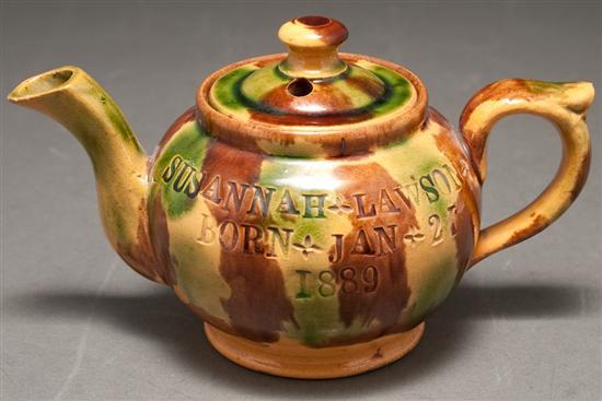 Appraisal: Redware spinach glazed diminutive teapot impressed SUSANNAH LAWSON BORN JAN