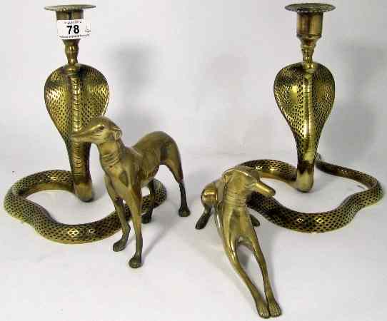 Appraisal: Pair of Snake Brass Candlesticks and Brass Figures Seated and