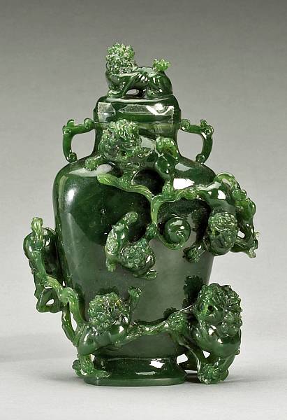 Appraisal: A small 'spinach' jade covered vase th Century Of flattened