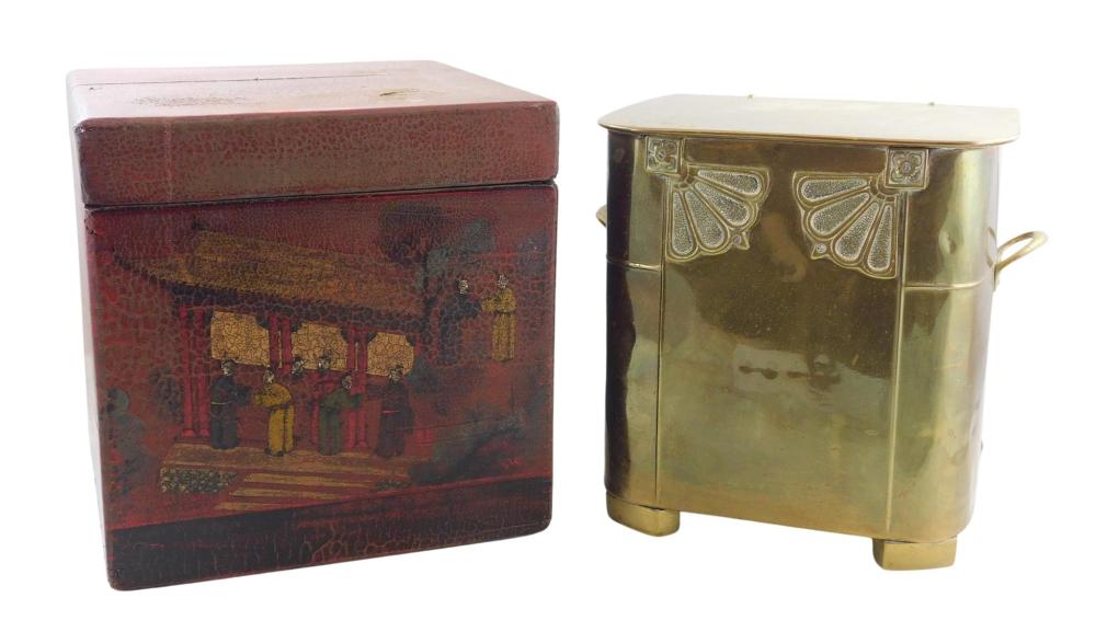 Appraisal: Two boxes brass box coal hood with hinged lid and