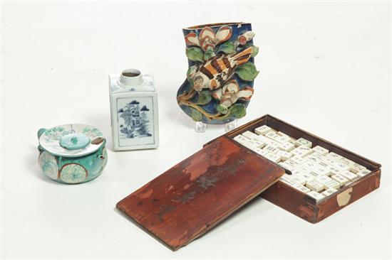 Appraisal: CERAMICS AND MAHJONG SET China th century Porcelain tea caddy