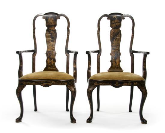 Appraisal: Pair of Queen Anne Style Lacquered Armchairs having an arched